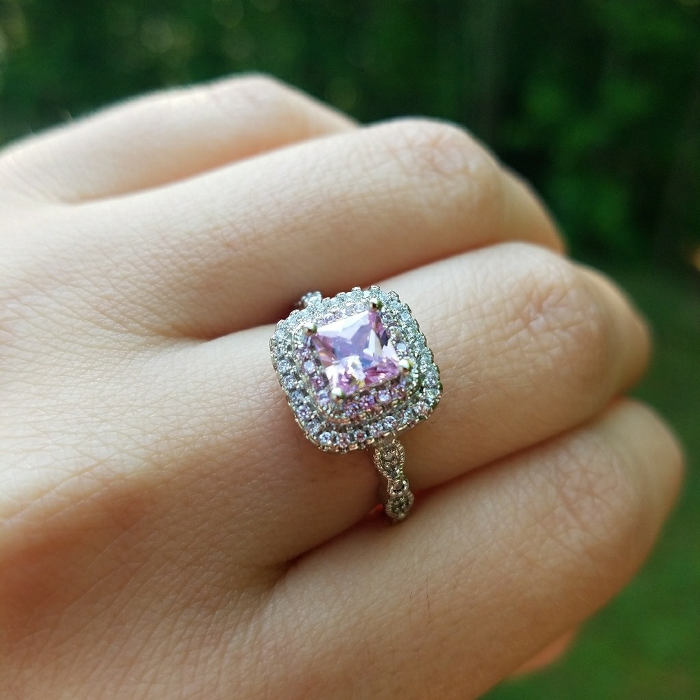 NEW Silver Pink Princess Cut Double Halo Ring - Picture 7 of 8